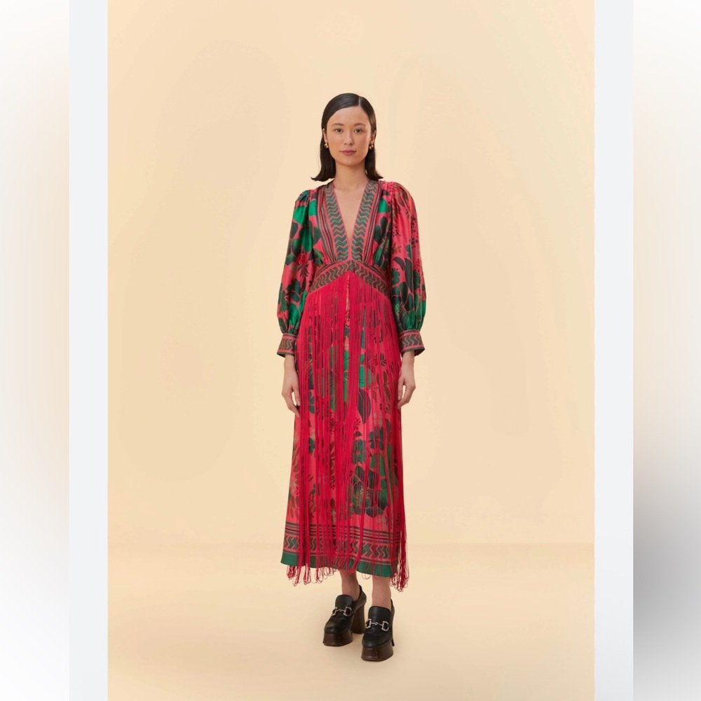 RARE FarmRio Blush Floral Yard Fringe Maxi Dress NWOT M